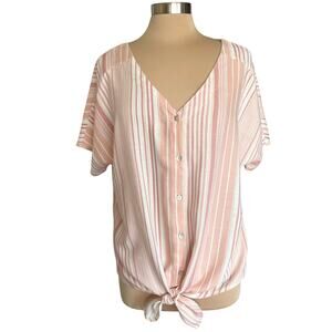 Como Vintage Linen Blend Button Down Tie Front Top Stripes XXL Casual Summer